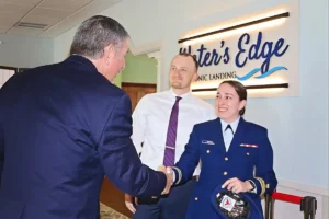 Female lieutenant shaking hands at Peconic Landing